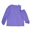 Purple cotton poplin cold-shoulder ruffle top with elasticated sleeve cuffs