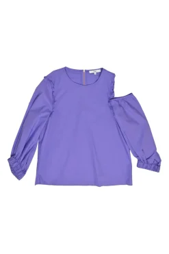 Purple cotton poplin cold-shoulder ruffle top with elasticated sleeve cuffs