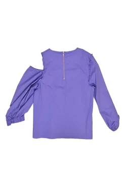 Purple cotton poplin cold-shoulder ruffle top with elasticated sleeve cuffs