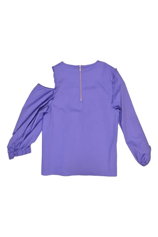 Purple cotton poplin cold-shoulder ruffle top with elasticated sleeve cuffs