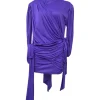 Purple draped polyester turtleneck long sleeve blouse