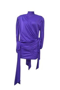 Purple draped polyester turtleneck long sleeve blouse
