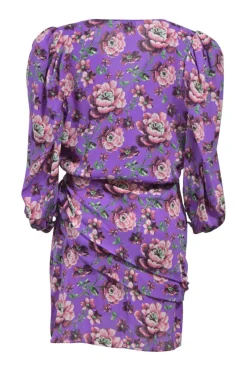 Purple draped silk floral print Faro plunge neck mini dress with gathered crop blouson sleeves and sarong-style ruched skirt