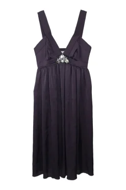 Purple embellished triacetate-blend plunge neck empire-waist swing-style slip dress with fixed straps