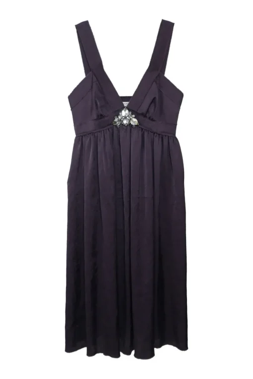 Purple embellished triacetate-blend plunge neck empire-waist swing-style slip dress with fixed straps