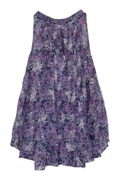 Purple floral print pintuck button-front Grecian neck racerback tunic top