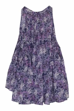 Purple floral print pintuck button-front Grecian neck racerback tunic top