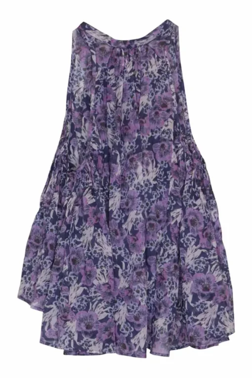 Purple floral print pintuck button-front Grecian neck racerback tunic top