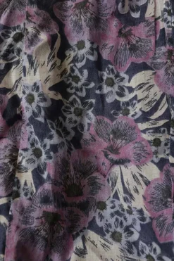 Purple floral print pintuck button-front Grecian neck racerback tunic top