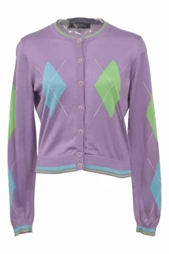 Purple interlock jersey knit argyle cardigan