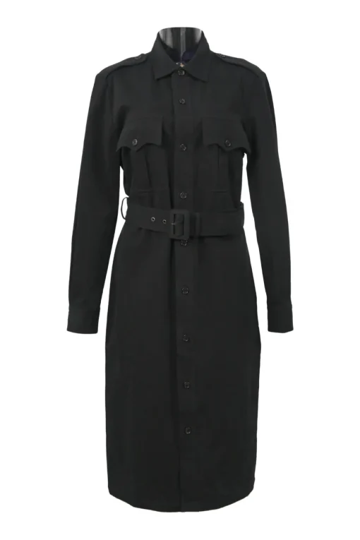 Purple Label black cotton-blend point collar button-front utility-style shirt dress with adjustable buckle belt