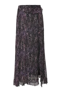 Purple layered semi-sheer crinkled abstract print chiffon pull-on high-rise ruffled maxi skirt