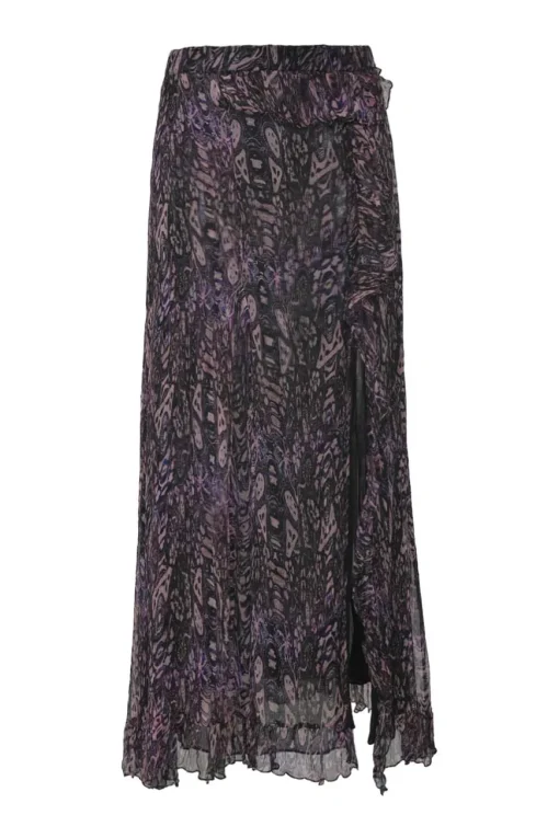 Purple layered semi-sheer crinkled abstract print chiffon pull-on high-rise ruffled maxi skirt