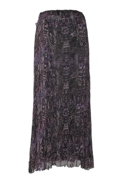 Purple layered semi-sheer crinkled abstract print chiffon pull-on high-rise ruffled maxi skirt