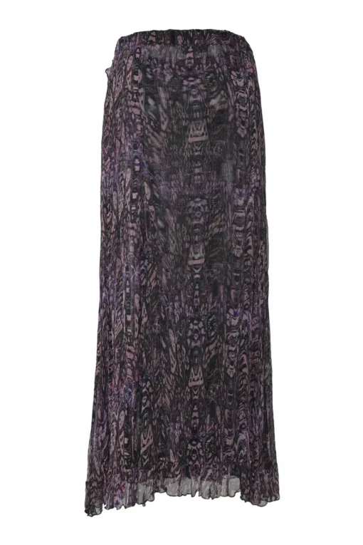 Purple layered semi-sheer crinkled abstract print chiffon pull-on high-rise ruffled maxi skirt