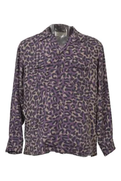Purple lyocell graphic leopard print spread collar button-front work shirt