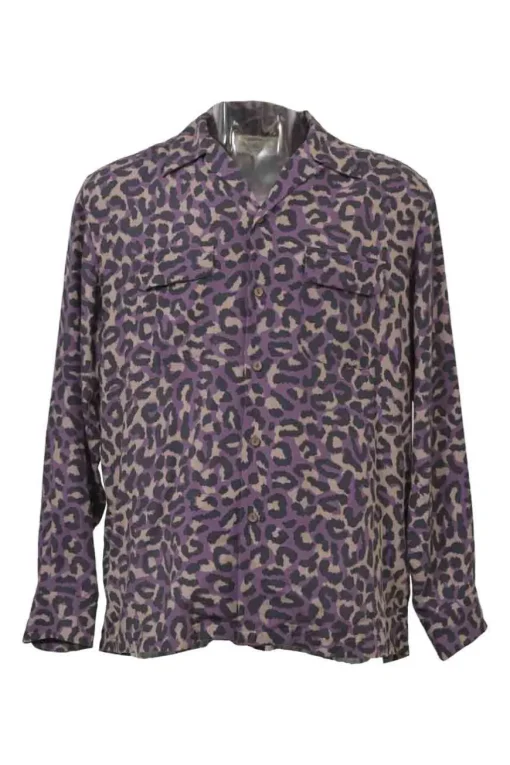 Purple lyocell graphic leopard print spread collar button-front work shirt
