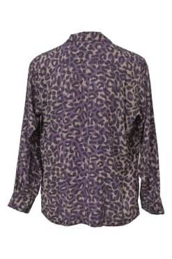 Purple lyocell graphic leopard print spread collar button-front work shirt