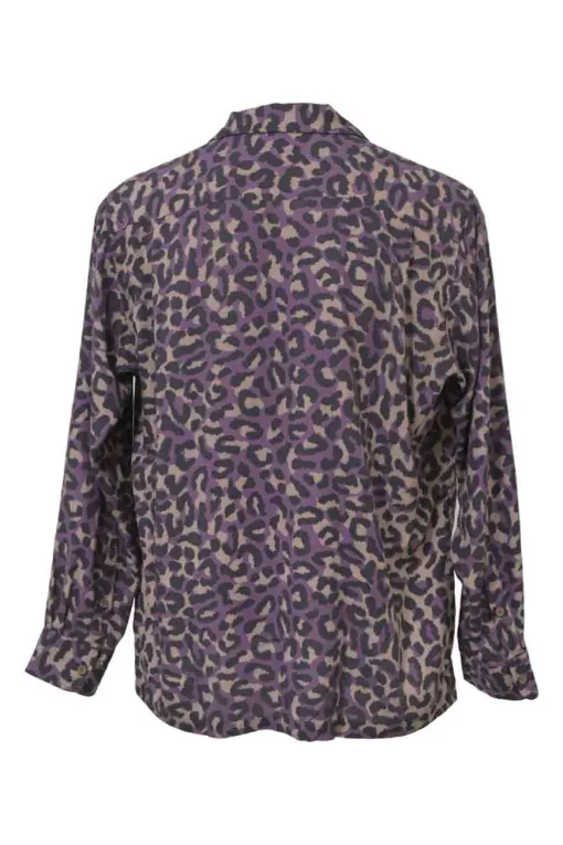 Purple lyocell graphic leopard print spread collar button-front work shirt