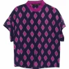 Purple Mandarin collar cap sleeve cropped swing-style top featuring abstract diamond motif