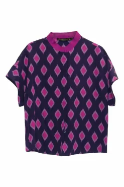 Purple Mandarin collar cap sleeve cropped swing-style top featuring abstract diamond motif