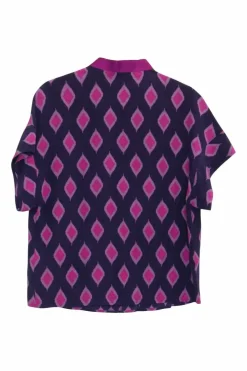 Purple Mandarin collar cap sleeve cropped swing-style top featuring abstract diamond motif