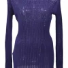 Purple mohair and nylon-blend pointelle knit bateau neck long sleeve top