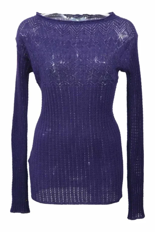 Purple mohair and nylon-blend pointelle knit bateau neck long sleeve top