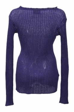Purple mohair and nylon-blend pointelle knit bateau neck long sleeve top