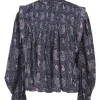 Purple paisley print cotton band collar top with pin tuck detailing
