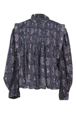 Purple paisley print cotton band collar top with pin tuck detailing