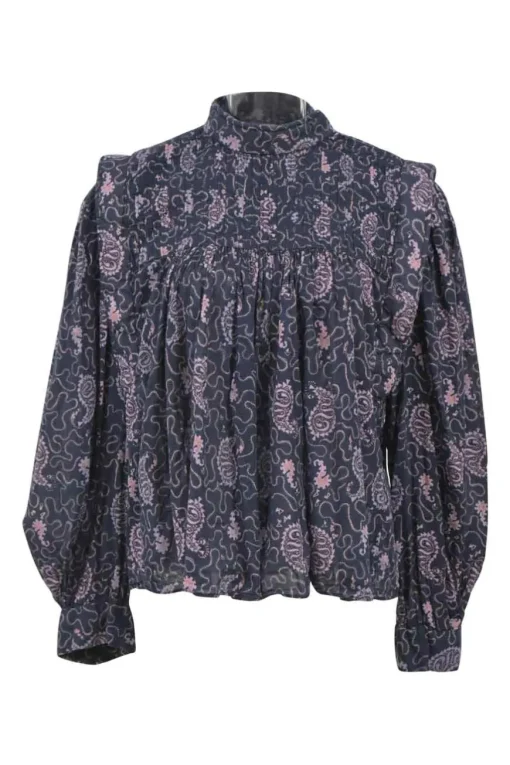 Purple paisley print cotton band collar top with pin tuck detailing
