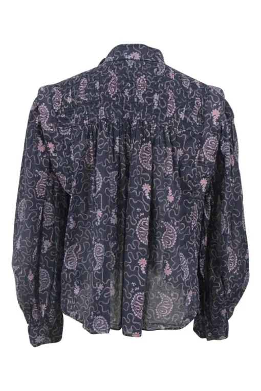 Purple paisley print cotton band collar top with pin tuck detailing