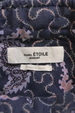Purple paisley print cotton band collar top with pin tuck detailing