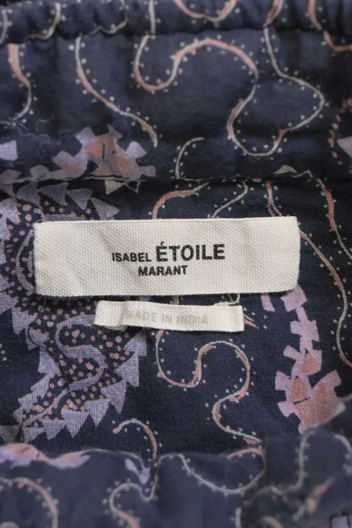 Purple paisley print cotton band collar top with pin tuck detailing
