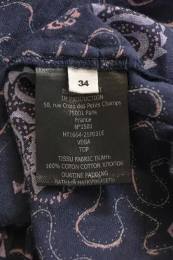 Purple paisley print cotton band collar top with pin tuck detailing