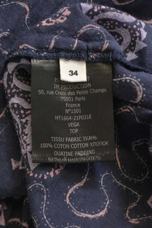 Purple paisley print cotton band collar top with pin tuck detailing