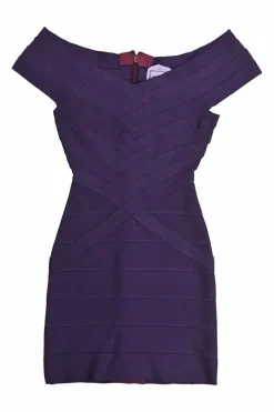 Purple rayon-blend off-shoulder bandage mini dress