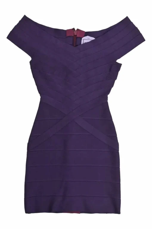 Purple rayon-blend off-shoulder bandage mini dress