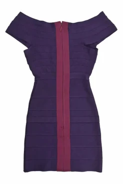 Purple rayon-blend off-shoulder bandage mini dress