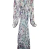 Purple semi-sheer crinkle silk chiffon floral print high-collar tiered midaxi dress with airy bishop sleeves