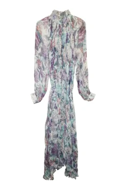 Purple semi-sheer crinkle silk chiffon floral print high-collar tiered midaxi dress with airy bishop sleeves