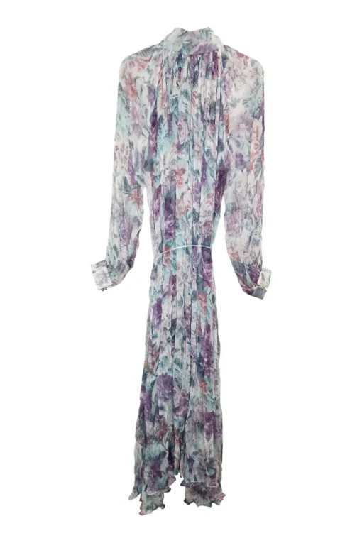 Purple semi-sheer crinkle silk chiffon floral print high-collar tiered midaxi dress with airy bishop sleeves