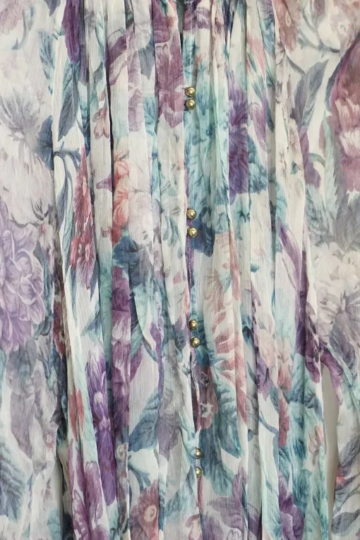 Purple semi-sheer crinkle silk chiffon floral print high-collar tiered midaxi dress with airy bishop sleeves