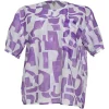 Purple semi-sheer polyester abstract graphic print pullover short sleeve blouse with chest patch pocket