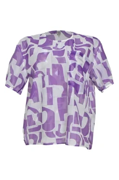 Purple semi-sheer polyester abstract graphic print pullover short sleeve blouse with chest patch pocket