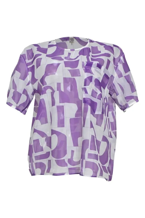 Purple semi-sheer polyester abstract graphic print pullover short sleeve blouse with chest patch pocket