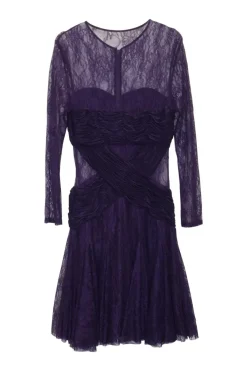 Purple semi-sheer polyester-blend lace long sleeve mini A-line dress with ruched trim appliqué