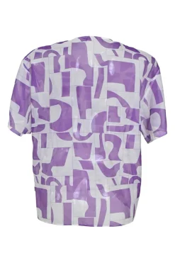 Purple semi-sheer polyester abstract graphic print pullover short sleeve blouse with chest patch pocket