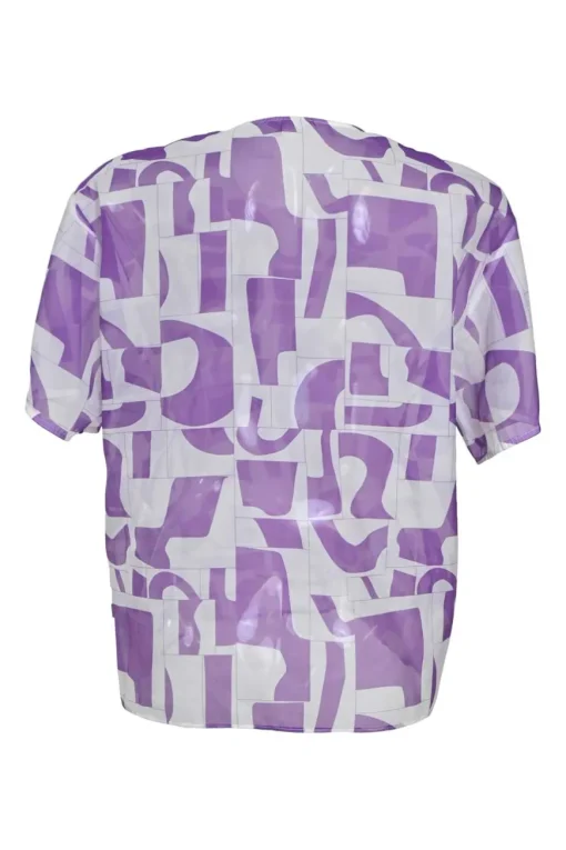 Purple semi-sheer polyester abstract graphic print pullover short sleeve blouse with chest patch pocket